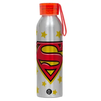 Superman Blue, Αλουμινένιο Αθλητικό Μπουκάλι 650ml – Ασημί με Κόκκινο Καπάκι και Λουράκι Σιλικόνης
