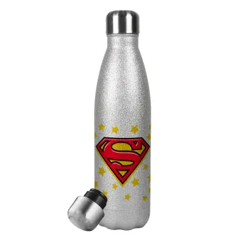 Superman Blue, Metallic Glitter Silver Thermos Flask (Stainless steel), double-walled, 500ml