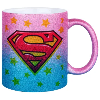 Superman Blue, Κούπα Χρυσή/Μπλε Glitter, κεραμική, 330ml