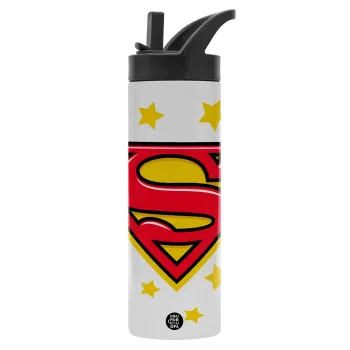 Superman Blue, Metallic thermos bottle with straw & handle, stainless steel (Stainless steel 304), double-walled, 600ml.
