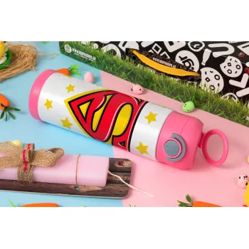 Superman Blue, Easter candle, Childrens hot water bottle, stainless steel, with safety straw, PINK (500ml)