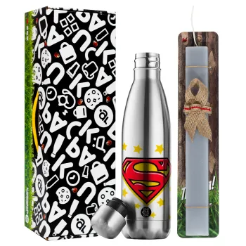 Superman Blue, Easter Set, metallic stainless thermos flask (500ml) & scented flat Easter candle (30cm) (GRAY)