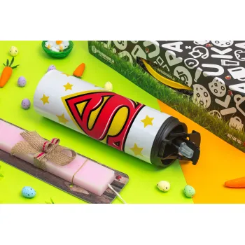 Superman Blue, Πασχαλινή Λαμπάδα με Travel Tumbler θερμό με διπλό καπάκι (600ml, BPA free) & κερί αρωματικό πλακέ (30cm) (ΡΟΖ)