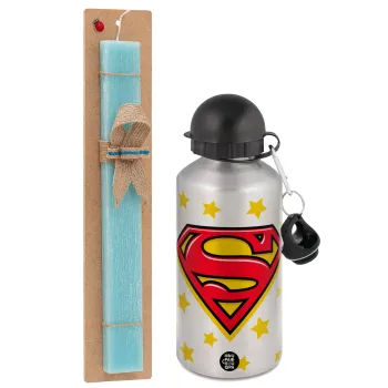 Superman Blue, Πασχαλινή Λαμπάδα με παγούρι μεταλλικό Ασημένιο αλουμινίου (500ml) & κερί αρωματικό πλακέ (30cm) (ΤΙΡΚΟΥΑΖ)