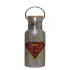 Stainless steel metallic thermos flask, silver with a bamboo lid, double-walled, 350ml.