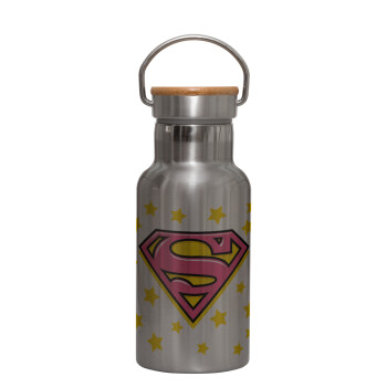 Superman Pink, Μεταλλικό παγούρι θερμός (Stainless steel) Ασημένιο με ξύλινο καπακι (bamboo), διπλού τοιχώματος, 350ml