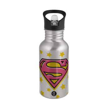 Superman Pink, Water bottle Silver with straw, stainless steel 500ml
