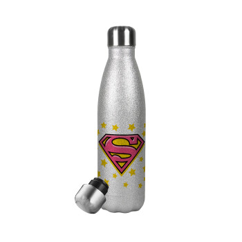 Superman Pink, Μεταλλικό παγούρι θερμός Glitter Aσημένιο (Stainless steel), διπλού τοιχώματος, 500ml