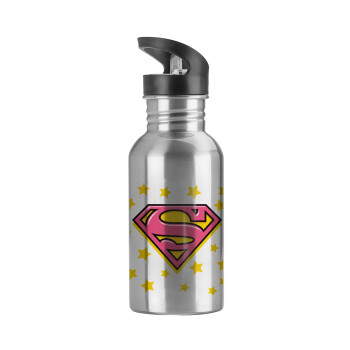 Superman Pink, Water bottle Silver with straw, stainless steel 600ml