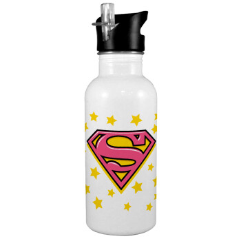 Superman Pink, White water bottle with straw, stainless steel 600ml