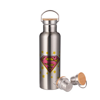 Superman Pink, Stainless steel Silver with wooden lid (bamboo), double wall, 750ml
