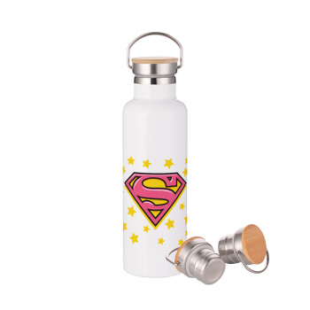 Superman Pink, Μεταλλικό παγούρι θερμός (Stainless steel) Λευκό με ξύλινο καπάκι (bamboo), διπλού τοιχώματος, 750ml