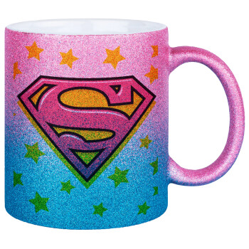 Superman Pink, Κούπα Χρυσή/Μπλε Glitter, κεραμική, 330ml
