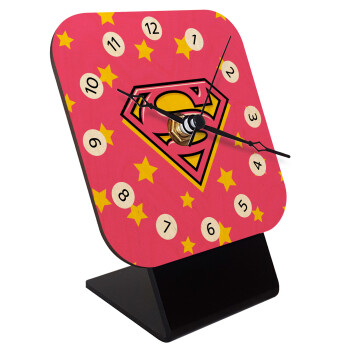 Superman Pink, Quartz Table clock in natural wood (10cm)