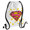 Superman Pink, Τσάντα πλάτης πουγκί GYMBAG λευκή, με τσέπη (40x48cm) & χονδρά κορδόνια
