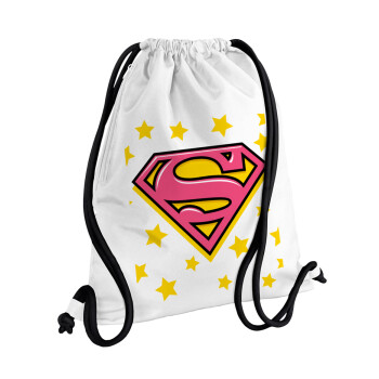 Superman Pink, Backpack pouch GYMBAG white, with pocket (40x48cm) & thick cords