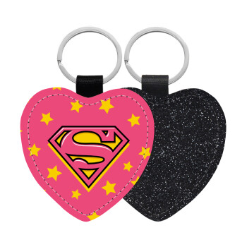 Superman Pink, Μπρελόκ PU δερμάτινο glitter καρδιά ΜΑΥΡΟ