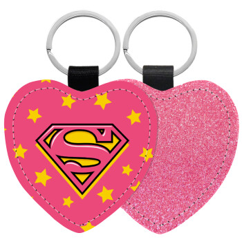 Superman Pink, Μπρελόκ PU δερμάτινο glitter καρδιά ΡΟΖ