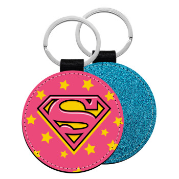 Superman Pink, Μπρελόκ Δερματίνη, στρογγυλό ΜΠΛΕ (5cm)