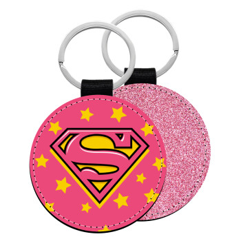 Superman Pink, Μπρελόκ Δερματίνη, στρογγυλό ΡΟΖ (5cm)