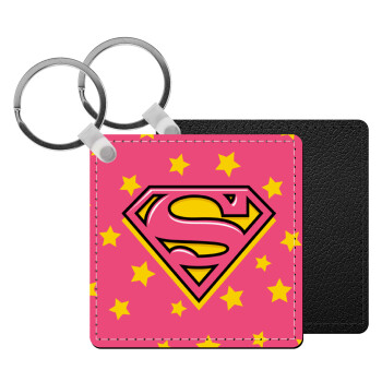 Superman Pink, Μπρελόκ Δερματίνη, τετράγωνο ΜΑΥΡΟ (5x5cm)