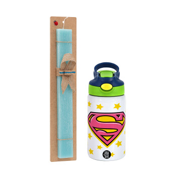 Superman Pink, Πασχαλινό Σετ, Παιδικό παγούρι θερμό, ανοξείδωτο, με καλαμάκι ασφαλείας, πράσινο/μπλε (350ml) & πασχαλινή λαμπάδα αρωματική πλακέ (30cm) (ΤΙΡΚΟΥΑΖ)