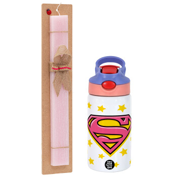Superman Pink, Πασχαλινό Σετ, Παιδικό παγούρι θερμό, ανοξείδωτο, με καλαμάκι ασφαλείας, ροζ/μωβ (350ml) & πασχαλινή λαμπάδα αρωματική πλακέ (30cm) (ΡΟΖ)