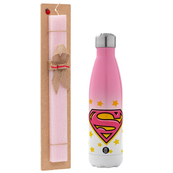 Superman Pink, Πασχαλινό Σετ, Μεταλλικό παγούρι θερμός Ροζ/Λευκό (Stainless steel), διπλού τοιχώματος, 500ml & πασχαλινή λαμπάδα αρωματική πλακέ (30cm) (ΡΟΖ)