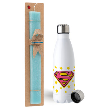 Superman Pink, Easter Set, metallic stainless steel water bottle (750ml) & aromatic flat Easter candle (30cm) (TURQUOISE)