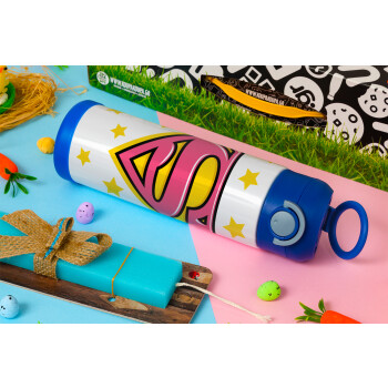 Superman Pink, Easter candle, Childrens hot water bottle, stainless steel, with safety straw, BLUE (500ml)