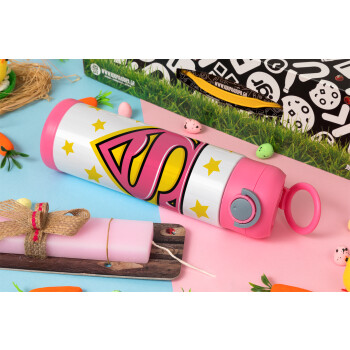 Superman Pink, Πασχαλινή Λαμπάδα με Παιδικό παγούρι θερμό, ανοξείδωτο, με καλαμάκι ασφαλείας, ΡΟΖ (500ml)