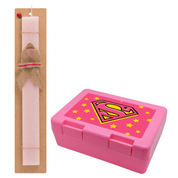 Superman Pink, Πασχαλινό Σετ, παιδικό δοχείο κολατσιού ΡΟΖ & πασχαλινή λαμπάδα αρωματική πλακέ (30cm) (ΡΟΖ)