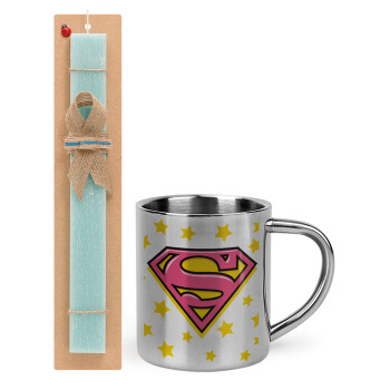 Superman Pink, Πασχαλινό Σετ, μεταλλική κούπα θερμό (300ml) & πασχαλινή λαμπάδα αρωματική πλακέ (30cm) (ΤΙΡΚΟΥΑΖ)