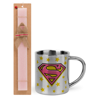 Superman Pink, Πασχαλινό Σετ, μεταλλική κούπα θερμό (300ml) & πασχαλινή λαμπάδα αρωματική πλακέ (30cm) (ΡΟΖ)