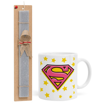 Superman Pink, Πασχαλινό Σετ, Κούπα κεραμική (330ml) & πασχαλινή λαμπάδα αρωματική πλακέ (30cm) (ΓΚΡΙ)