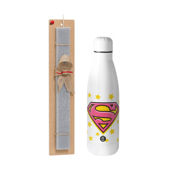 Superman Pink, Πασχαλινό Σετ, μεταλλικό παγούρι θερμός ανοξείδωτο (500ml) & πασχαλινή λαμπάδα αρωματική πλακέ (30cm) (ΓΚΡΙ)