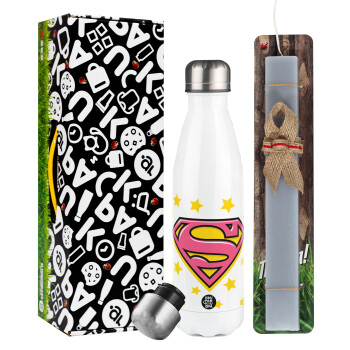 Superman Pink, Easter candle, metallic white thermos bottle (500ml) & aromatic flat candle (30cm) (GRAY)
