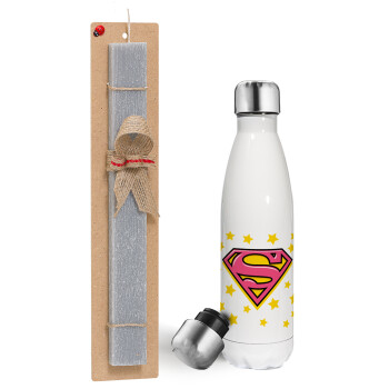 Superman Pink, Πασχαλινή λαμπάδα, μεταλλικό παγούρι θερμός λευκός (500ml) & λαμπάδα αρωματική πλακέ (30cm) (ΓΚΡΙ)