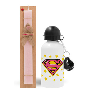 Superman Pink, Πασχαλινή Λαμπάδα με παγούρι μεταλλικό αλουμινίου (500ml) & κερί αρωματικό πλακέ (30cm) (ΡΟΖ)