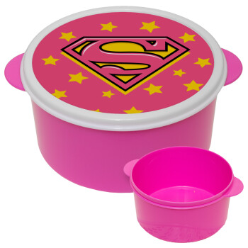 Superman Pink, ΡΟΖ παιδικό δοχείο φαγητού (lunchbox) πλαστικό (BPA-FREE) Lunch Βox M16 x Π16 x Υ8cm