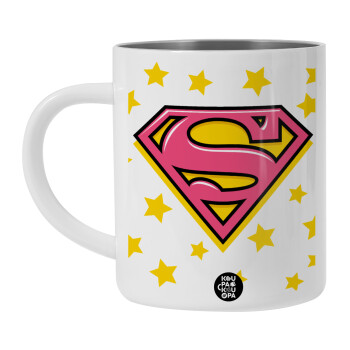 Superman Pink, Λευκή Ανοξείδωτη Μεταλλική Κούπα 450ml - Διπλού Τοιχώματος 