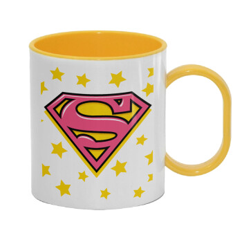 Superman Pink, Κούπα (πλαστική) (BPA-FREE) Polymer Κίτρινη για παιδιά, 330ml