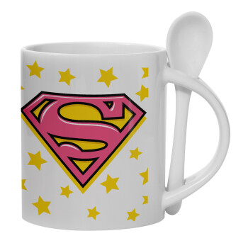 Superman Pink, Ceramic coffee mug with Spoon, 330ml (1pcs)