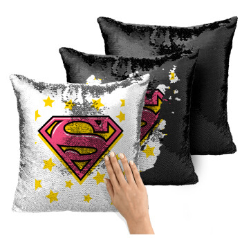 Superman Pink, Μαξιλάρι καναπέ Μαγικό Μαύρο με πούλιες 40x40cm περιέχεται το γέμισμα