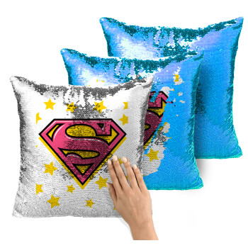 Superman Pink, Μαξιλάρι καναπέ Μαγικό Μπλε με πούλιες 40x40cm περιέχεται το γέμισμα