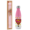 Easter Set, Metallic pink/white (Stainless steel) thermos, double-walled, 500ml & aromatic flat Easter candle (30cm) (PINK)