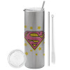 Tumbler stainless steel Silver 600ml, with metal straw & cleaning brush