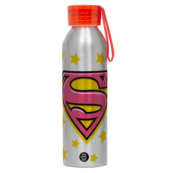 Superman Pink, Αλουμινένιο Αθλητικό Μπουκάλι 650ml – Ασημί με Κόκκινο Καπάκι και Λουράκι Σιλικόνης