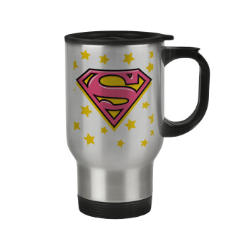 Superman Pink, Stainless steel travel mug with lid, double wall 450ml