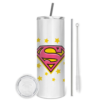 Superman Pink, Eco friendly ποτήρι θερμό (tumbler) από ανοξείδωτο ατσάλι 600ml, με μεταλλικό καλαμάκι & βούρτσα καθαρισμού